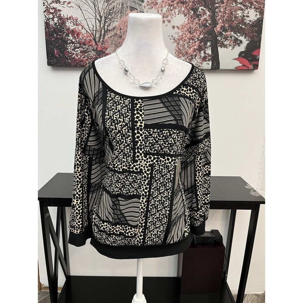 Liz & Co Women's Geometric Tunic Top Blouse Size XL 3/4 Dolman Sleeve Scoop Neck